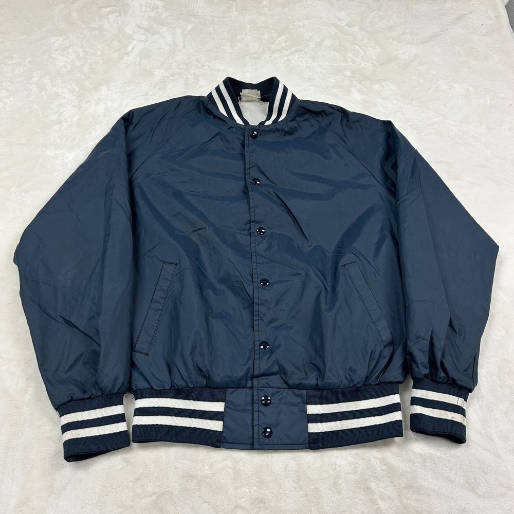 Teamster Varsity Coach Jacket Mens M Navy Blue Striped Trim Snap Front Vintage